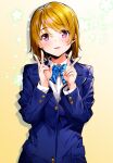  1girl absurdres blazer blue_neckwear blush bow bowtie brown_hair commentary_request eyebrows_visible_through_hair gradient gradient_background hands_up highres jacket koizumi_hanayo long_sleeves looking_at_viewer love_live! love_live!_school_idol_project nakano_maru open_mouth school_uniform shirt smile solo striped striped_neckwear upper_body white_shirt yellow_background 