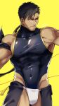  1boy bara bare_shoulders black_hair blind blonde_hair bulge covered_abs covered_navel covered_nipples cowboy_shot crotchless crotchless_pants facial_hair fundoshi highres japanese_clothes male_focus multicolored_hair muscular muscular_male ninja_(yzpyn) original pectorals scar scar_on_face shirt short_hair skin_tight solo streaked_hair stubble taut_clothes taut_shirt thick_thighs thighs veins white_male_underwear yzpyn 