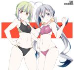  2girls ahoge anchor_symbol black_swimsuit blue_hair character_name closed_mouth clothes_writing collarbone competition_swimsuit cowboy_shot eyebrows_visible_through_hair fish green_hair grey_eyes grey_hair groin hands_on_hips kantai_collection kiyoshimo_(kantai_collection) long_hair low_twintails multicolored_hair multiple_girls navel one-piece_swimsuit purple_hair purple_swimsuit shigino_sohuzi short_hair smile sportswear swimsuit take_(kantai_collection) twintails two-tone_hair v-shaped_eyebrows yellow_eyes 