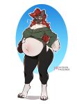  anthro belly big_belly big_breasts breasts canid canine cleavage clothed clothing exposed_belly eyewear female glasses hand_on_hip hi_res mammal pregnant solo the_dogsmith wide_hips 