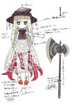  1girl akira_(meltyhip) arm_at_side axe blonde_hair bright_pupils brown_headwear closed_mouth colored_skin concept_art hat highres long_hair looking_at_viewer mushroom_girl original see-through_skirt skirt solo tentacles translation_request white_skin x_x 