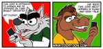  absurd_res anthro brown_body brown_fur canid canine canis cellphone comic duo equid equine fur grey_body grey_fur hi_res horse male male/male mammal phone simple_background smartphone speech_bubble toony webcomic wolf zooptoon 