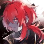  1boy antenna_hair bangs black_jacket closed_mouth diluc_(genshin_impact) eyebrows_visible_through_hair genshin_impact hair_between_eyes highres jacket long_hair male_focus ponytail profile red_eyes red_hair signature simple_background solo upper_body zoo_min 