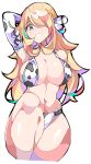  absurdres animal_print arm_behind_head bikini blonde_hair blush breasts cleavage cow_print cynthia_(pokemon) elbow_gloves enpe gloves grey_eyes hair_over_one_eye highres knee_up large_breasts long_hair navel open_mouth pokemon pokemon_(game) pokemon_bw print_bikini print_gloves simple_background smile swimsuit white_background 