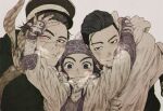  1girl 2boys ainu ainu_clothes arms_up asirpa bandana black_coat black_eyes black_hair black_jacket blue_bandana blue_eyes blush brown_hair cape closed_mouth coat collared_jacket commentary_request ear_piercing earrings facial_hair fur_cape golden_kamuy grey_background hair_slicked_back hair_strand hat hood hood_down hooded_cape hoop_earrings hug imperial_japanese_army jacket jewelry kepi long_hair long_sleeves looking_at_viewer military military_hat military_uniform multiple_boys ngy09 ogata_hyakunosuke one_eye_closed pale_color piercing scar scar_on_cheek scar_on_face scar_on_mouth scar_on_nose scarf short_hair simple_background smile star_(symbol) stubble sugimoto_saichi undercut uniform upper_body white_cape yellow_scarf 