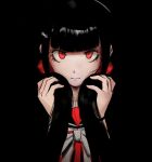  1girl angry bangs black_background black_hair blunt_bangs closed_mouth commentary danganronpa_(series) danganronpa_v3:_killing_harmony hair_ornament hair_scrunchie hairclip harukawa_maki holding holding_hair limited_palette long_sleeves looking_at_viewer qosic red_eyes red_scrunchie red_shirt scrunchie shiny shiny_hair shirt simple_background solo 