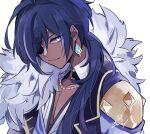  1boy bangs blue_eyes blue_hair closed_mouth dark_skin dark_skinned_male eyebrows_visible_through_hair fur_trim genshin_impact highres jacket jewelry kaeya_(genshin_impact) long_hair male_focus multicolored_hair ponytail signature simple_background single_earring solo streaked_hair upper_body white_background zoo_min 