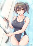  1girl absurdres blush breasts brown_eyes brown_hair cleavage collarbone competition_swimsuit cowboy_shot ears eyebrows_visible_through_hair hair_between_eyes highres kaga_(kantai_collection) kantai_collection large_breasts looking_at_viewer one-piece_swimsuit parted_lips photoshop_(medium) pool pool_ladder rei_no_pool revision side_ponytail solo swimsuit tong_shui water 