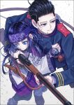 1boy 1girl 1nwe9 ainu ainu_clothes arisaka asirpa bandana belt black_eyes black_hair black_pants blue_bandana blue_eyes blue_jacket bolt_action boots bow_(weapon) brown_belt buttons closed_mouth collared_jacket commentary_request dark_blue_hair ear_piercing earrings facial_hair golden_kamuy gun hair_slicked_back hair_strand holding holding_bow_(weapon) holding_clothes holding_gun holding_jacket holding_weapon hoop_earrings imperial_japanese_army jacket jewelry long_hair long_sleeves looking_away looking_down military military_uniform ogata_hyakunosuke pants parted_lips partial_commentary piercing pouch rifle scar scar_on_cheek scar_on_face short_hair simple_background smile stubble undercut uniform upper_body weapon white_background wide_sleeves 
