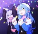  2girls ahoge belt black_coat black_shirt blue_coat blue_hair blurry blurry_background bow braid coat commentary concert depth_of_field english_commentary french_braid grey_eyes grey_hair hair_bow hands_up hat heart_ahoge holding hololive jewelry jitome long_hair long_sleeves multiple_girls navel necklace neon_lights off-shoulder_coat open_clothes open_coat open_mouth pointy_ears shirt shishiro_botan signature solo_focus white_headwear yoako yukihana_lamy 