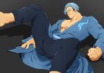  1boy absurdres ass bangs bara bercouli_(sao) blue_hair blue_kimono ear_piercing facial_hair foot_out_of_frame highres japanese_clothes kimono kito_(clamp5656) male_focus muscular muscular_male open_clothes open_kimono pectorals piercing short_hair solo spread_legs stubble swept_bangs sword_art_online sword_art_online:_alicization thick_thighs thighs 