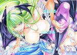  2girls animal_print ass bangs bat_print blue_eyes blue_hair blunt_bangs breasts collarbone commentary_request demon_girl fang felicia_(vampire) green_eyes green_hair head_wings large_breasts leotard long_hair lying morrigan_aensland multiple_girls navel on_back pantyhose print_legwear purple_wings sitting sitting_on_face sitting_on_person succubus traditional_media vampire_(game) wings yqgkg yuri 