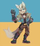  anthro belt boots bottomwear canid canine canis claws clothing eye_patch eyewear fingerless_gloves footwear fur gloves handwear jewelry male mammal necklace nintendo pants salanchu shoulder_pads signature smile solo spikes star_fox teeth topwear vest video_games wolf wolf_o&#039;donnell 