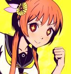  1girl bangs blush brown_eyes brown_hair clenched_hand commentary english_commentary eyelashes face flower hair_flower hair_ornament hand_up long_hair looking_at_viewer nisekoi qosic school_uniform short_hair smile solo tachibana_marika upper_body yellow_background 