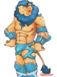  2020 abs anthro armor blue_clothing blue_hair blue_mane blue_underwear boots bulge carbon_(carbon-draws) chest_tuft clothing felid footwear gauntlets gloves hair handwear lion male mammal mane nipples pantherine pecs redponei signature simple_background solo tail_tuft tuft underwear white_background 