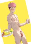  1boy 2021 abs absurdres bangs beitemian black_hair blush brown_eyes censored completely_nude facial_mark feet_out_of_frame flaccid foreskin from_side highres incoming_food itadori_yuuji jujutsu_kaisen looking_at_viewer male_focus milk mosaic_censoring navel nipples nude pectorals penis pink_hair short_hair smile solo spiked_hair toned toned_male undercut 