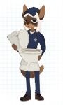  anthro brown_body canid canine canis domestic_dog fur ha-ha_(artist) hair hi_res holding_object long_hair male mammal plumber sage_kuwa solo toilet white_hair 