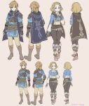  1boy 1girl armor back belt blonde_hair blue_eyes boots cape character_sheet full_body hand_on_own_chest highres knee_boots link medium_hair pointy_ears princess_zelda short_hair shuri_(84k) smile the_legend_of_zelda the_legend_of_zelda:_breath_of_the_wild the_legend_of_zelda:_breath_of_the_wild_2 tied_hair 