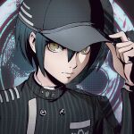  1boy adjusting_clothes adjusting_headwear artist_name bangs baseball_cap black_hair black_headwear black_jacket brown_eyes closed_mouth commentary danganronpa_(series) danganronpa_v3:_killing_harmony english_text gakuran hair_between_eyes hand_up hat jacket long_sleeves looking_at_viewer male_focus qosic saihara_shuuichi school_uniform short_hair smile solo striped striped_jacket upper_body 