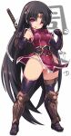  1girl :d bangs black_gloves black_hair black_legwear breasts brown_footwear character_request commentary_request dress eyebrows_visible_through_hair full_body fundoshi gloves greaves groin hands_up headpiece highres japanese_clothes karukan_(monjya) koihime_musou long_hair medium_breasts open_mouth parted_bangs partially_visible_vulva pelvic_curtain purple_dress red_eyes short_sleeves simple_background smile solo standing thighhighs vambraces very_long_hair white_background wide_sleeves zouri 