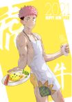  1boy 2021 absurdres apron bangs beitemian black_hair boxer_briefs brown_eyes bulge facial_mark feet_out_of_frame from_side highres itadori_yuuji jujutsu_kaisen looking_at_viewer male_focus male_underwear milk nipples pectorals pink_hair short_hair solo spiked_hair toned toned_male undercut underwear white_apron yellow_male_underwear 