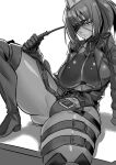  1girl absurdres bangs belt black_gloves breasts closed_mouth eyepatch gloves hair_between_eyes hat highres holster jacket large_breasts leona_heidern looking_at_viewer midriff military_hat military_jacket monochrome navel ponytail riding_crop simple_background skindentation snk_heroines:_tag_team_frenzy solo sorysam2005 tank_top the_king_of_fighters thigh_holster thigh_strap thighs thong underboob 