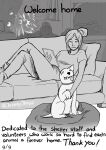  ambiguous_gender canid canine canis christmas christmas_tree collar comic dialogue domestic_dog duo english_text female feral furniture greyscale happy holidays human jenny_jinya loving_reaper mammal missing_eye monochrome plant scar sofa text tree 