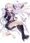  1girl adjusting_clothes adjusting_gloves black_footwear black_neckwear black_ribbon black_skirt book boots braid cup_ramen danganronpa:_trigger_happy_havoc danganronpa_(series) ear_piercing eyebrows_visible_through_hair food gloves hair_ribbon high_heel_boots high_heels highres jacket kirigiri_kyouko long_hair mouth_pull necktie noodles pages panties piercing popped_collar purple_eyes purple_jacket ribbon rumoon_cocoa simple_background skirt solo underwear white_background white_panties 