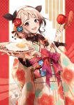  1girl :d abstract_background animal_ears bangs blue_eyes blue_flower blush bow braid brown_hair candy_apple cow_ears cowboy_shot eyebrows_visible_through_hair fake_animal_ears floral_print flower food fried_egg furisode hair_flower hair_ornament hair_over_shoulder highres holding holding_food japanese_clothes kimono long_hair long_sleeves looking_at_viewer nail_polish obi okeno_kamoku open_mouth orange_kimono original pink_bow print_kimono red_flower sash sausage single_braid smile solo wide_sleeves yellow_flower 