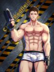  1boy abs bara biceps boxer_briefs brown_hair bulge character_name chris_redfield cowboy_shot facial_hair fingerless_gloves gloves gun hand_up holding holding_gun holding_weapon looking_at_viewer male_focus male_pubic_hair male_underwear microphone muscular muscular_male navel navel_hair nipples pectorals pubic_hair resident_evil resident_evil_5 short_hair solo stubble thick_thighs thighs underwear underwear_only veins weapon white_male_underwear yzpyn 
