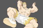  1boy abs absurdres armpits bandaid bandaid_on_face bara bare_pecs blonde_hair blush bulge facial_hair foot_out_of_frame goatee hair_strand highres jacob_(tokyo_houkago_summoners) kito_(clamp5656) leg_up looking_at_viewer lying male_focus muscular muscular_male navel nipples on_back pectorals reward_available short_hair shorts sideburns solo spread_legs thick_thighs thighs tokyo_houkago_summoners white_eyes white_shorts wrestling_outfit 
