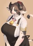  2021 anthro apron blue_eyes bovid bovine brown_hair cattle clothed clothing cowbell female hair hi_res holstein_friesian_cattle horn mammal ponytail shian signature simple_background solo standing tan_background uniform worried 