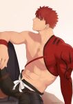  1boy abs absurdres bara bare_pecs black_pants fate/grand_order fate_(series) from_side highres igote knee_up looking_at_viewer male_focus miqi_(nnaf3344) muscular muscular_male nipples pants pectorals red_hair sengo_muramasa_(fate) short_hair single_bare_shoulder solo spread_legs stomach yellow_eyes 