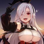  1girl ;d absurdres arm_up armpits azur_lane bangs bare_shoulders black_gloves black_hairband black_neckwear black_sleeves blush breasts collared_shirt commentary_request crop_top detached_sleeves eyebrows_behind_hair gloves hair_between_eyes hairband highres iron_blood_(emblem) korean_commentary large_breasts lave2600 long_hair looking_at_viewer mixed-language_commentary mole mole_under_eye necktie one_eye_closed open_mouth parted_bangs prinz_heinrich_(azur_lane) red_eyes ribbed_shirt shirt sidelocks smile solo sparkle sunset underboob upper_body upper_teeth very_long_hair white_hair 