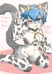  acky05 anthro blue_hair blush felid female fur gesture grey_body grey_fur grey_spots hair hi_res looking_at_viewer mammal one_eye_closed pantherine snow_leopard solo spots spotted_body spotted_fur suzune_(acky05) tongue tongue_out v_sign white_body white_fur wink 