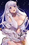  1girl :d absurdres ahoge arm_cuffs azur_lane bangs bare_shoulders blue_eyes blunt_bangs blush breasts cleavage clothing_cutout collarbone commentary cowboy_shot detached_collar detached_sleeves dress eyebrows_visible_through_hair gloves hair_ornament hair_ribbon hands_on_headphones headset highres illustrious_(azur_lane) illustrious_(muse)_(azur_lane) large_breasts long_hair looking_at_viewer low_tied_hair mole mole_under_eye navel navel_cutout official_alternate_costume open_mouth ribbon sidelocks smile solo standing standing_on_one_leg tress_ribbon very_long_hair wee_(weeyy) white_dress white_footwear white_gloves white_hair white_sleeves 