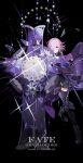  1girl armor armored_boots boots capelet fate_(series) high_heel_boots high_heels holding looking_at_viewer mash_kyrielight purple_eyes purple_hair shield short_hair smile solo starshadowmagician 