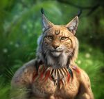  2018 absurd_res alternate_version_at_source anthro bethesda_softworks blurred_background brown_body brown_fur day detailed detailed_fur ear_tuft elena_roslyakova facial_markings felid fur head_markings hi_res inner_ear_fluff jewelry khajiit light lighting male mammal markings necklace outside plant portrait signature solo the_elder_scrolls tuft video_games whiskers white_whiskers 