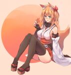  1girl :d animal_ear_fluff animal_ears bangs bare_shoulders beige_background black_collar black_legwear blush bow breasts collar commentary detached_sleeves english_commentary eyebrows_visible_through_hair flag_background fox_ears fox_girl fox_tail full_body green_eyes hair_between_eyes hair_bow hair_ornament holding holding_leaf japanese_clothes japanese_flag large_breasts leaf long_hair long_sleeves looking_at_viewer looking_away maple_leaf obi open_mouth orange_hair original red_background red_bow sandals sash sawaya_(mizukazu) simple_background sitting skirt sleeves_past_fingers sleeves_past_wrists smile solo tail thighhighs 
