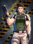  1boy bara biceps brown_hair bulge character_name chest_harness chris_redfield covered_abs covered_navel cowboy_shot facial_hair fingerless_gloves gloves gun hand_up harness holding holding_gun holding_weapon looking_at_viewer male_focus microphone muscular muscular_male pants pectorals resident_evil resident_evil_5 shirt short_hair skin_tight solo stubble taut_clothes taut_shirt thick_thighs thighs tight_shirt veins weapon white_pants yzpyn 