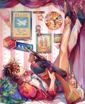  1boy alcohol battle_tendency bo_bo_milk bottle brown_hair clock collarbone food green_eyes gun holding holding_gun holding_weapon ice_cream jacket jojo_no_kimyou_na_bouken joseph_joestar_(young) key keyring leaf legs_up long_pants looking_at_viewer lying male_focus necktie on_back pants picture_(object) picture_frame poker road_sign shirt shoes sign smile solo stop_sign submachine_gun thompson_submachine_gun vodka weapon white_shirt 