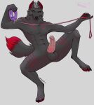  absurd_res anthro athletic athletic_anthro athletic_male balls big_penis bodily_fluids canid canine canis collar domination dripping genital_fluids genitals hi_res leash male male_domination mammal offscreen_character penis precum precum_drip red_eyes smile smirk solo vainovalkea wolf 
