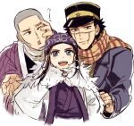  1girl 2boys :d ainu ainu_clothes asirpa bandana black_eyes black_hair black_headwear blue_bandana blue_coat blue_eyes blush brown_eyes buzz_cut cape closed_mouth coat commentary_request ear_piercing earrings facial_hair fur_cape goatee golden_kamuy grey_hair hand_on_another&#039;s_face hat hoop_earrings imperial_japanese_army jacket jewelry kepi long_hair long_sleeves looking_at_another looking_at_viewer looking_to_the_side military military_hat military_uniform multiple_boys nbsttr open_mouth piercing purple_jacket scar scar_on_cheek scar_on_face scar_on_mouth scar_on_nose scarf shiraishi_yoshitake shirt short_hair sideburns simple_background smile spiked_hair star_(symbol) sugimoto_saichi two-tone_headwear uniform upper_body very_short_hair white_background white_cape white_shirt yellow_headwear yellow_scarf 