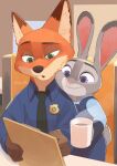  2021 anthro canid canine clothed clothing cup dipstick_ears disney duo fox fully_clothed fur green_eyes grey_body grey_fur hi_res holding_cup holding_object inside judy_hopps lagomorph leporid mammal multicolored_ears necktie nick_wilde orange_body orange_fur police_uniform purple_eyes rabbit red_fox shirt signature smile takatmadisney topwear uniform zootopia 