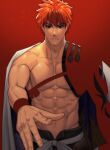 1boy abs arima_(arima_bn) bara bare_pecs black_pants cape fate/grand_order fate_(series) foreshortening from_side highres igote knee_up looking_at_viewer male_focus muscular muscular_male nipples pants pectorals red_hair sengo_muramasa_(fate) short_hair single_bare_shoulder solo stomach upper_body white_cape yellow_eyes 