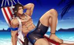  1boy abs animal_ears arknights arm_behind_head bara bare_pecs bulge cow_boy cow_ears cow_horns cow_tail earrings highres horns jewelry looking_at_viewer male_focus male_swimwear matterhorn_(arknights) matterhorn_(beach_guard)_(arknights) muscular muscular_male navel nipples open_clothes open_shirt pectorals reward_available scar scar_on_face shirt short_hair skin_tight sleeveless sleeveless_shirt solo stomach swim_trunks swimwear tail thick_thighs thighs white_shirt yzpyn 