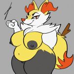 1:1 absurd_res anthro belly big_breasts big_butt braixen breasts butt canid canine curvy_figure digital_media_(artwork) eye_moisturizer female fur genitals hi_res huge_breasts inner_ear_fluff looking_at_viewer mammal navel nintendo nipples nude overweight overweight_anthro overweight_female pok&eacute;mon pok&eacute;mon_(species) potbelly pussy simple_background smile solo stick thick_thighs tuft video_games wide_hips 