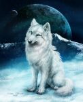 2019 canid canine canis detailed elena_roslyakova feral fluffy fluffy_tail fur hi_res inner_ear_fluff light lighting looking_at_viewer mammal moon signature solo space tuft white_body white_fur wolf 