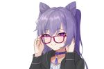  1girl animal_ears braid genshin_impact glasses hands_up highres keqing long_hair long_sleeves looking_at_viewer mengfeng2575_(moekaze) purple_eyes purple_hair simple_background smile solo twintails upper_body white_background 