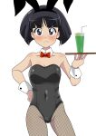  1girl absurdres animal_ears bangs bare_shoulders black_eyes black_hair black_legwear black_leotard blunt_bangs blush bob_cut bow bowtie breasts cleavage collarbone covered_navel cup detached_collar drink drinking_glass drinking_straw eyebrows_visible_through_hair fake_animal_ears fishnet_legwear fishnets frown girls_und_panzer groin hand_on_hip highres holding holding_tray leotard looking_at_viewer pantyhose playboy_bunny red_bow red_neckwear sono_midoriko strapless strapless_leotard thighs tray wakku_kan white_background wrist_cuffs 